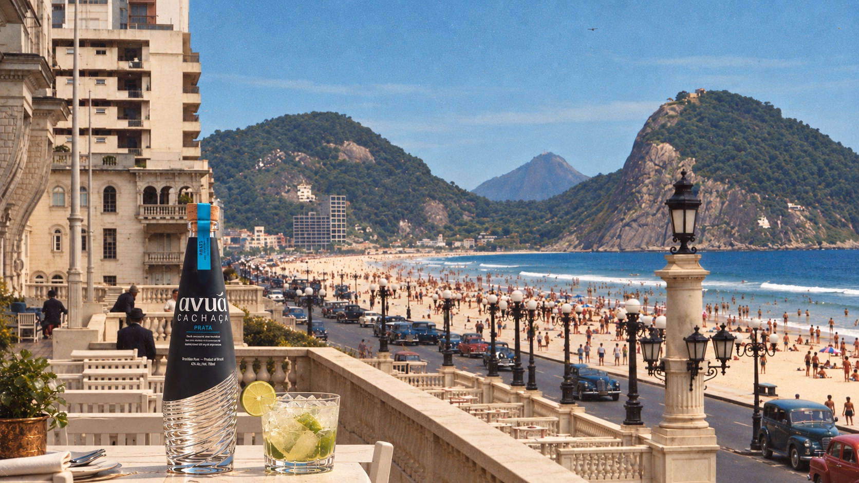 Vintage-inspired composition supplied for Avuá: Prata and a caipirinha on a terrace overlooking Copacabana